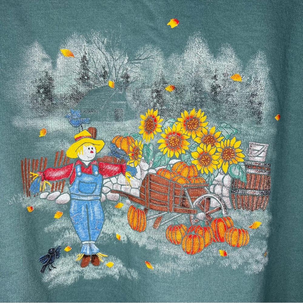 Country Store Scarecrow Harvest Fall Teal Inset Collar Pullover Crewneck Sweater - Picture 4 of 8